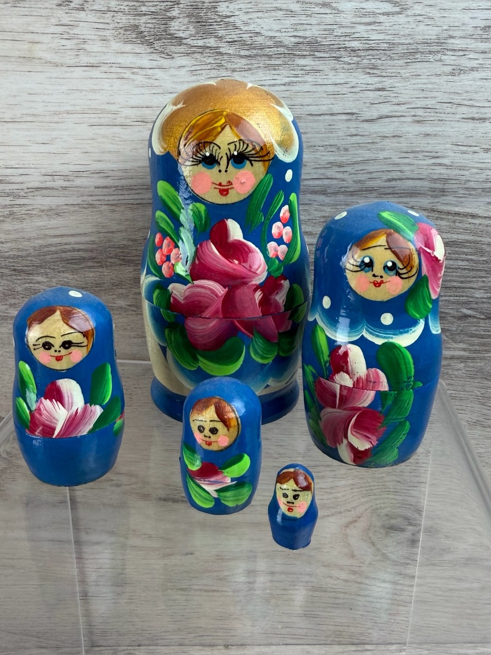 Vintage Wooden 5-piece Russian Nesting Dolls Hand Painted Blue